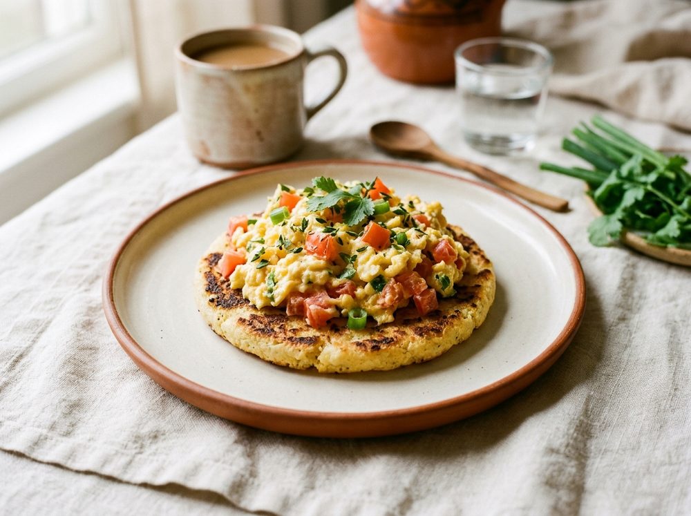 Arepa de maíz blanco con huevos pericos al tomillo
